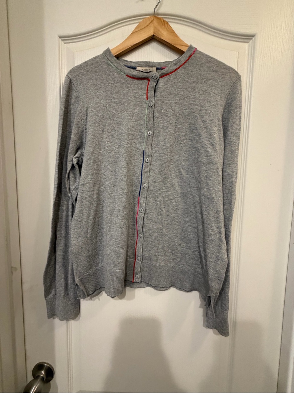 LOFT Gray Crewneck Button Cardigan with Red and Blue Trim